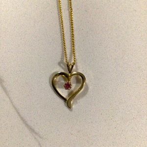 Gold heart with pink rhinestone necklace 16”